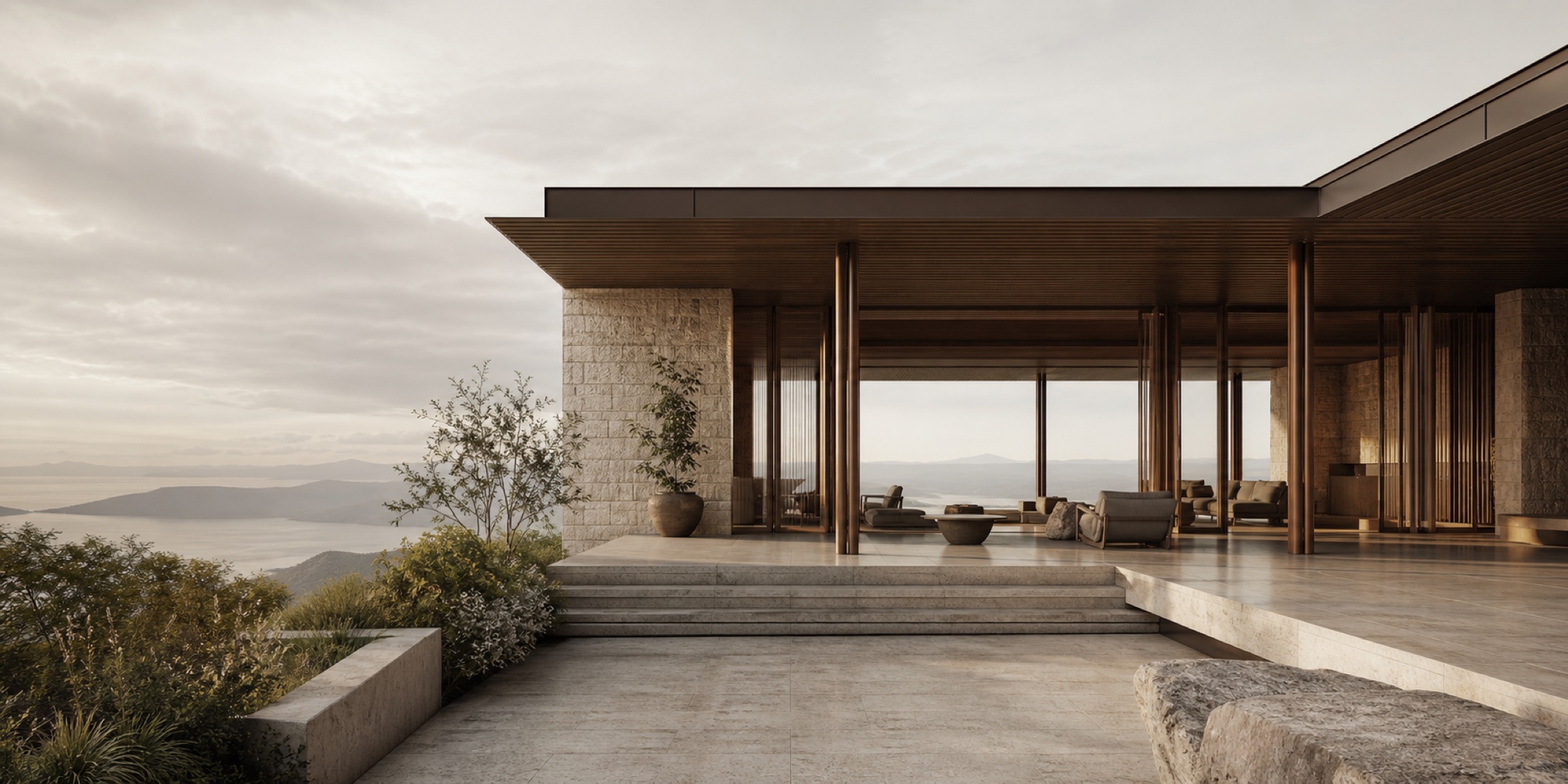 The Horizon Pavilion, an open hospitality pavilion overlooking distant highlands.