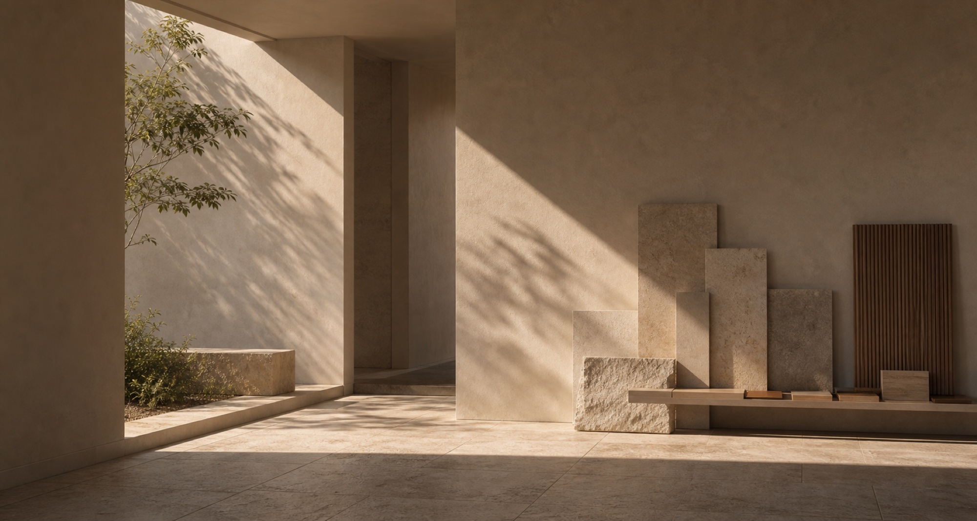 A quiet architectural threshold shaped by warm light and material samples.